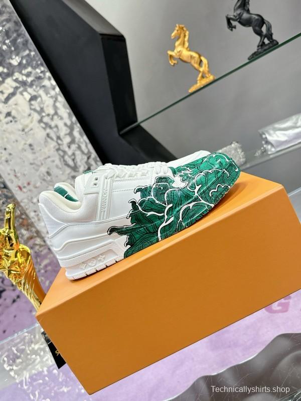 2024 Unisex Louis Vuitton Green White Leather Plimsolls Hand-Painted MJ00780