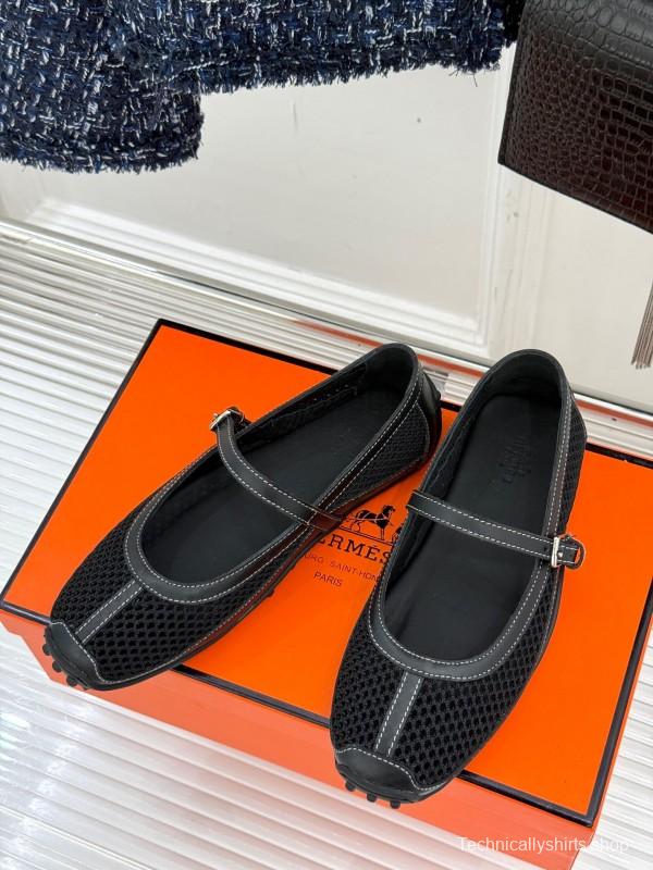 2025 Women Hermès Black Mesh Leather Mary Jane
