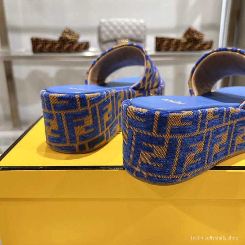 2025 Fendi Blue Brown Canvas Slippers
