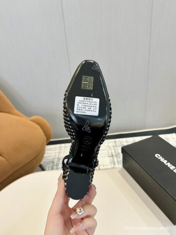 2025 Women Chanel Black White Fabric Slingback Heels LY00240