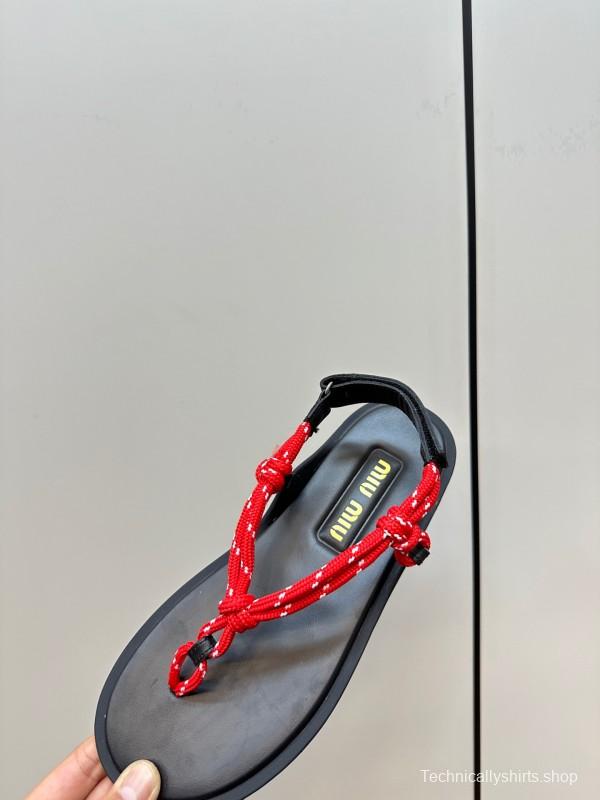 2025 Women Miu Miu Black Red Leather Sandals