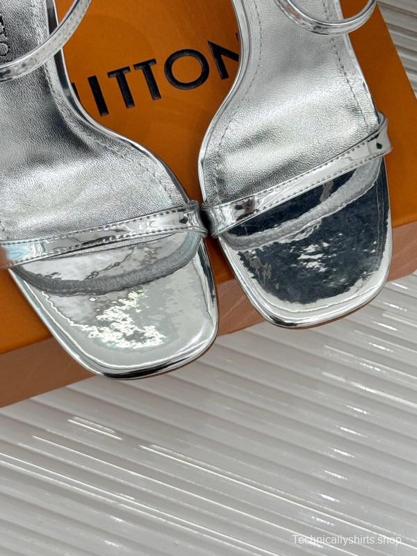 2025 Women Louis Vuitton Silver Calfskin Leather Strappy High Heel Sandals KFY00280