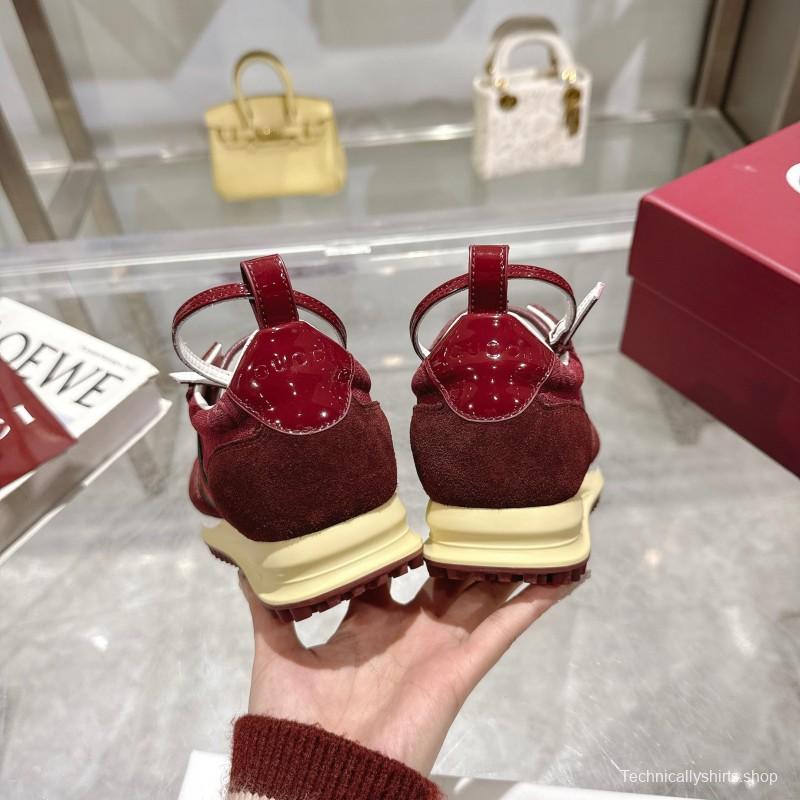2025 Women Gucci Burgundy Red Suede Fabric Sneakers LY00340