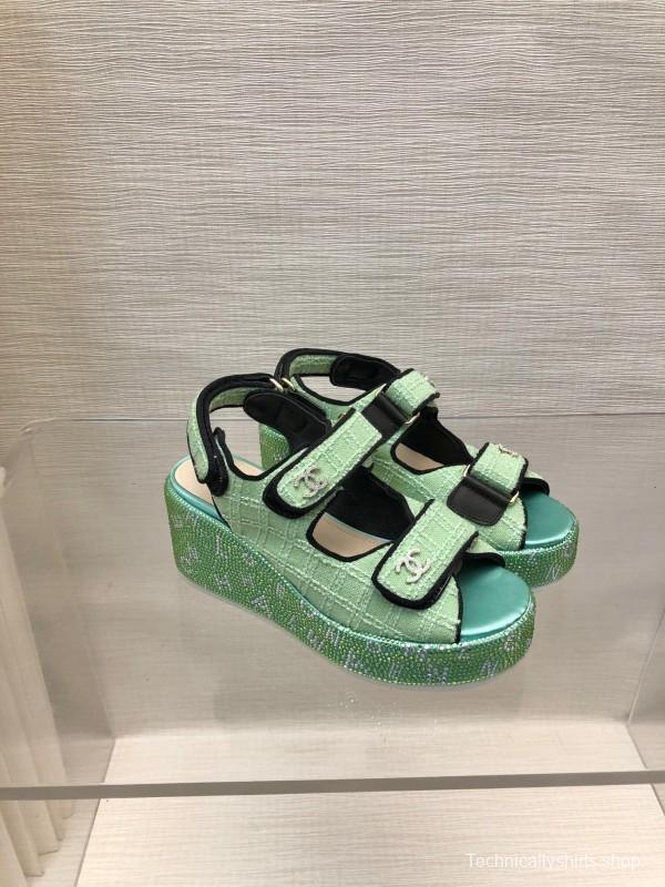 2025 Slippers Chanel Mint Green Textile Platform Sandals LY00330