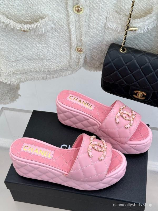 2025 Women Chanel Pink Leather Platform Slide Sandals
