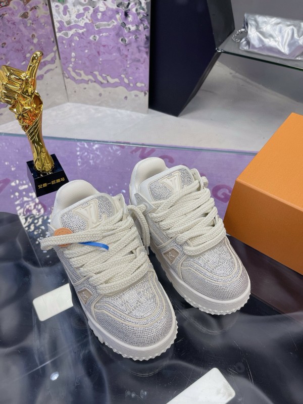 2024 Unisex Louis Vuitton White Silver Leather Trainers Crystal Embellished MJ00430