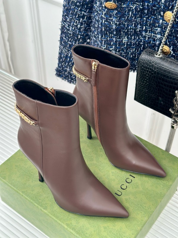2024 Women Gucci brown calf leather ankle boots chain MJ00410