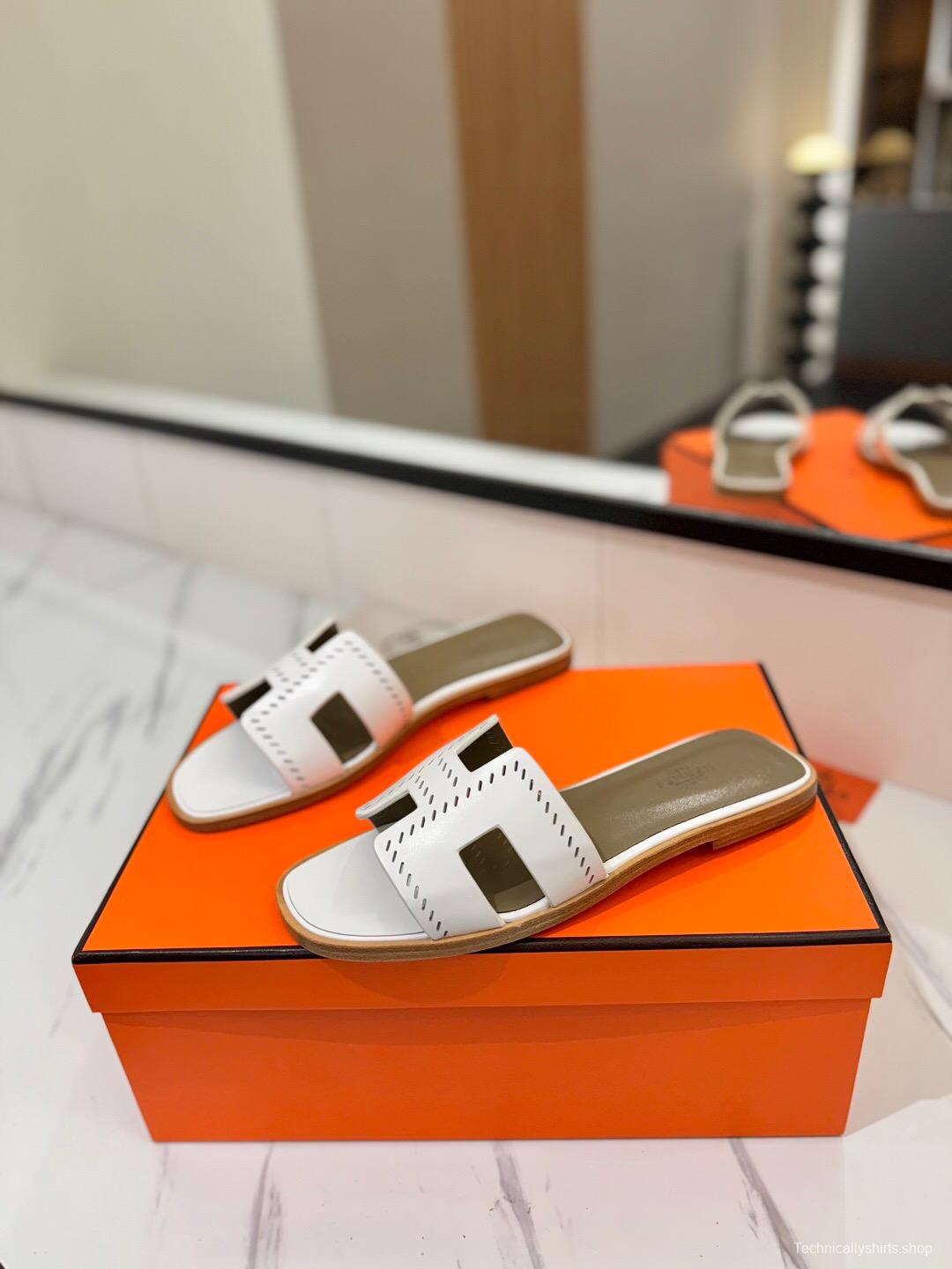 2025 Women Hermès White Leather Slippers