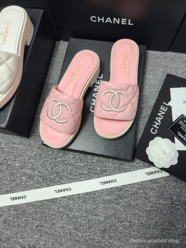 2025 Women Chanel Pink Leather Slippers