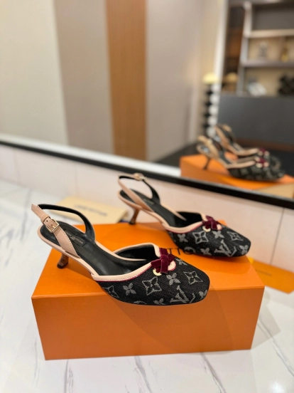 2025 Women LV Black Pink Denim Leather Slingback Heels KFY00310