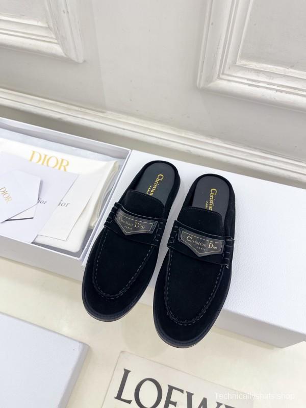 2025 Women Dior Black Leather Slip-On Loafers Crafted With Original Rubber Sole KFY00300(F)