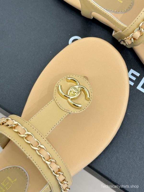 2025 Women Chanel Apricot Leather Sandals KFY00250