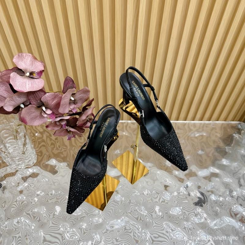 2024 Women Yves Saint Laurent Black Silk Slingback Heels MJ00320