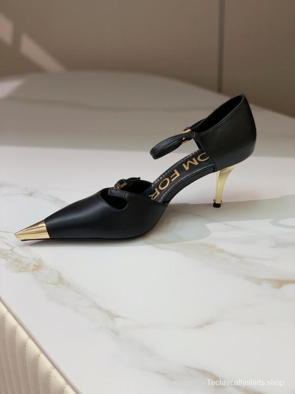 2025 Women TOM FORD Black Gold Leather Heels Metal Toe KFY00320
