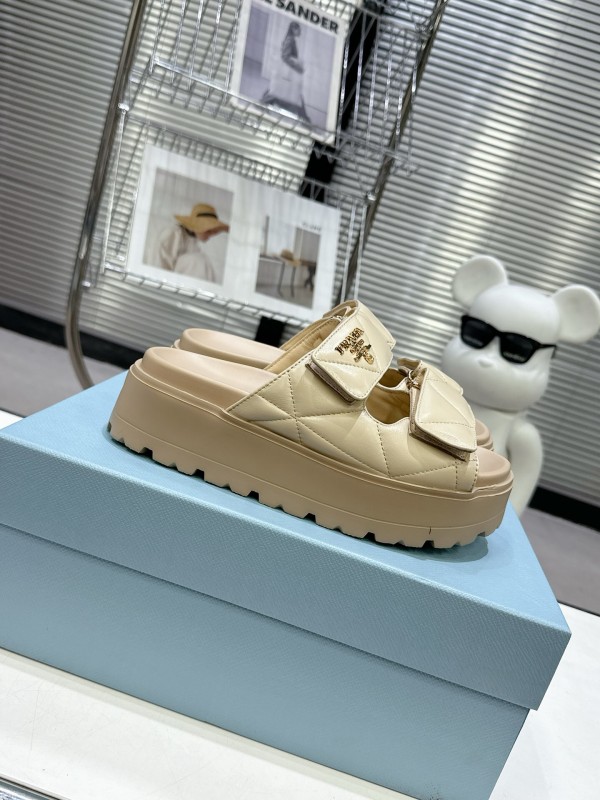 2025 Women Prada Beige Leather Slippers KFY00290