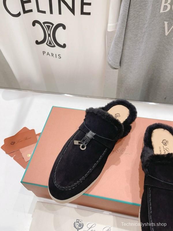 2024 Slippers LP Black Suede Shearling Loafers MJ00300