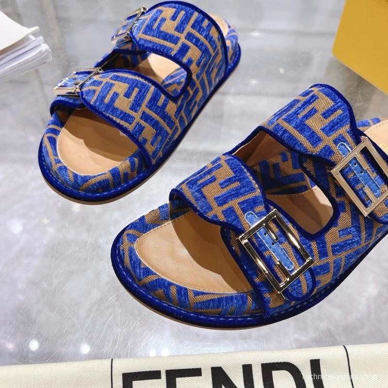 2025 Slippers Fendi Blue Brown Jacquard Buckle KFY00250