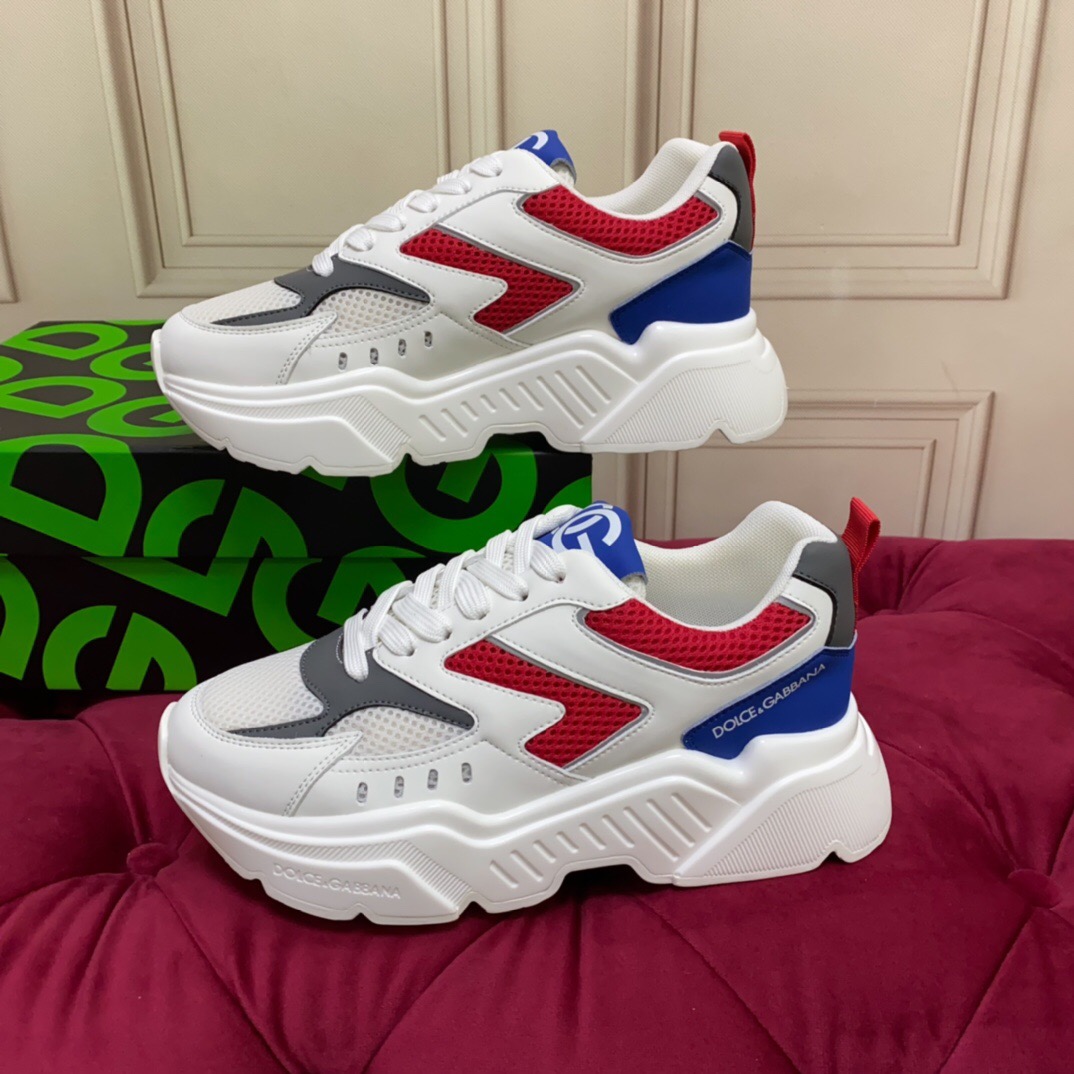 2025 Unisex Dolce & Gabbana White Red Blue Leather Mesh Sneakers LY00330(F)/LY00340(M)