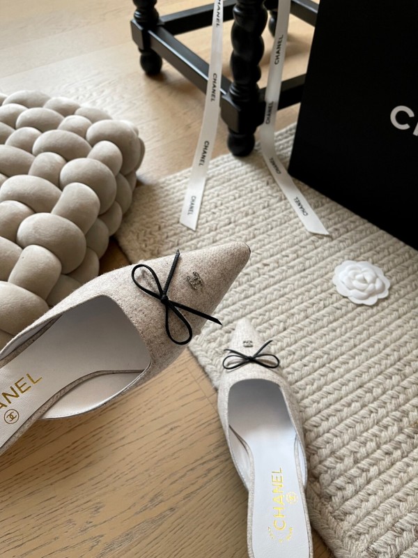 2025 Women Chanel Beige Fabric Pointed Toe Mules KFY00290