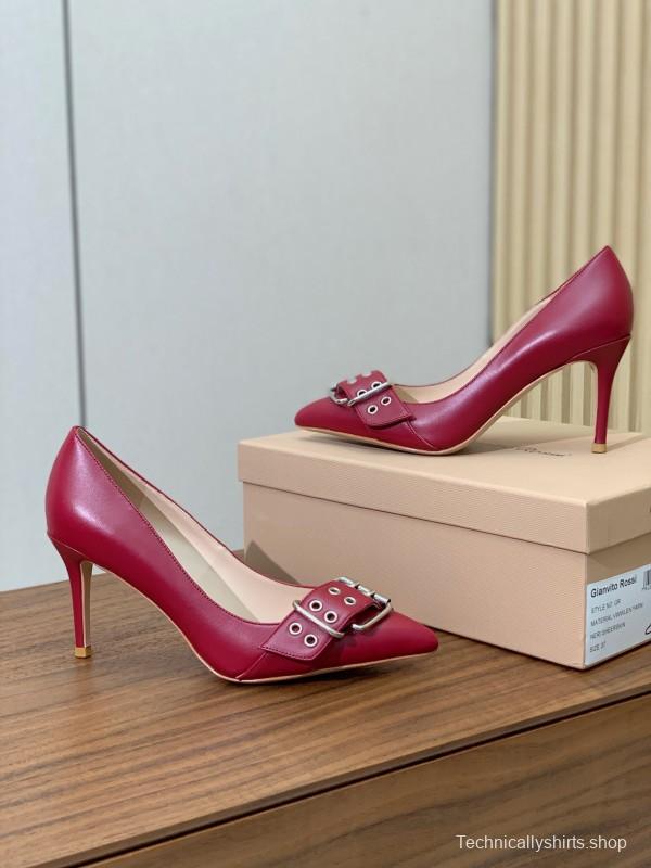 2025 Women Gianvito Rossi Red Leather Heels Buckle KFY00300