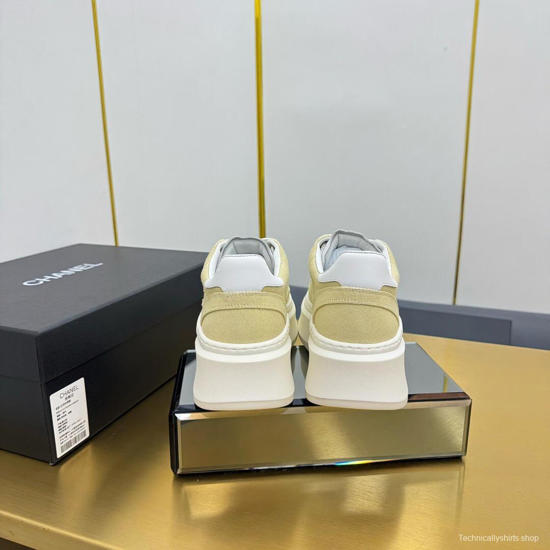 2025 Women Chanel Beige White Canvas Leather Sneakers