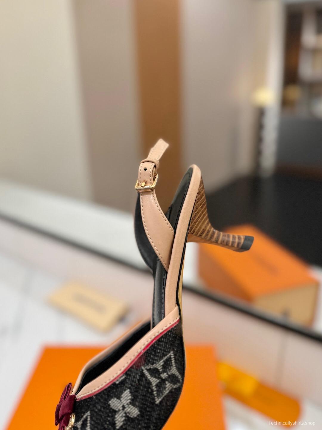 2025 Women LV Black Pink Denim Leather Slingback Heels KFY00310