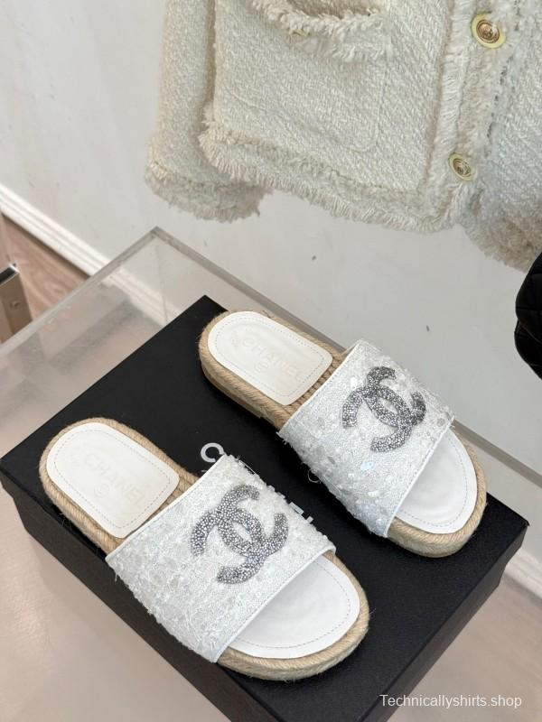 2025/Women Chanel White Lace Espadrille Slide Sandals Handwoven Jute Sole KFY00240(F)