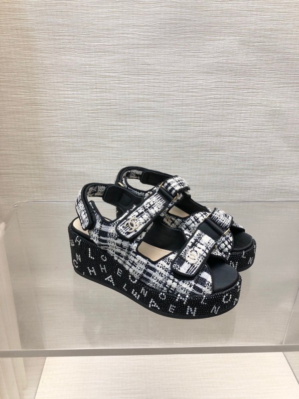 2025 Women Chanel Black White Fabric Platform Sandals LY00330