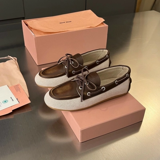 2025 Women Miu Miu Brown Beige Leather Canvas Loafers LY00230