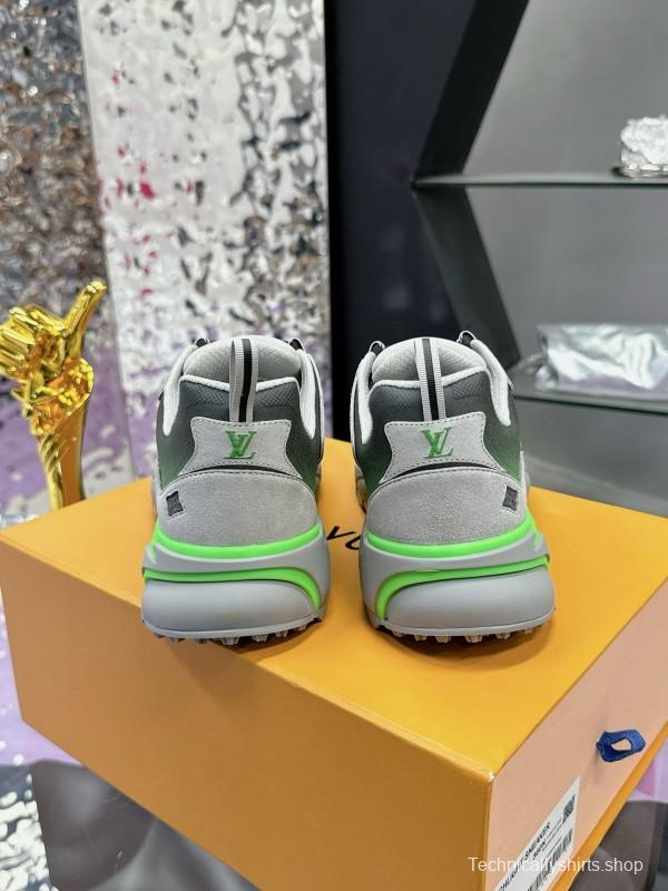 2025 Men Louis Vuitton Green Grey Mesh Leather Sneakers MJ00420