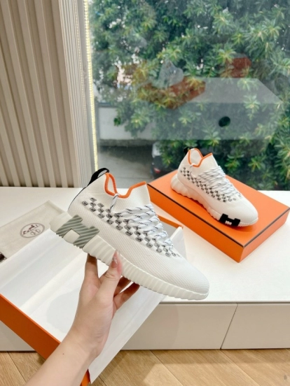 2024 Unisex Hermès White Grey Orange Calfskin Suede Knit Sneakers MJ00290(F/M)