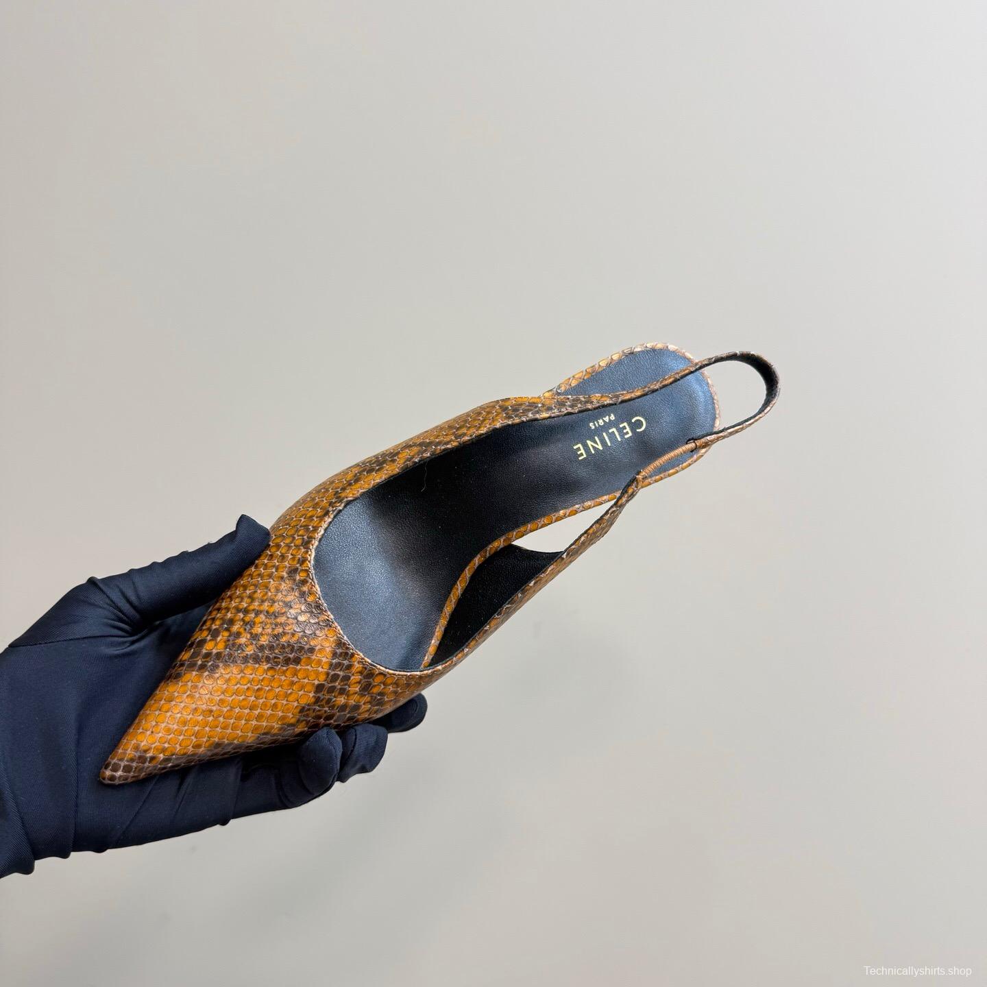 2025 Women Celine Brown Snakeskin Leather Slingback Heels