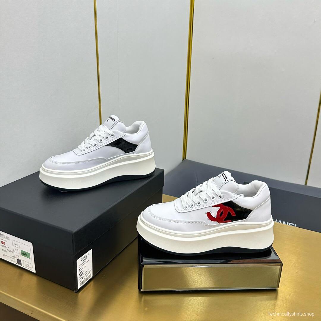 2025 Women Chanel White Black Red Leather Sneakers