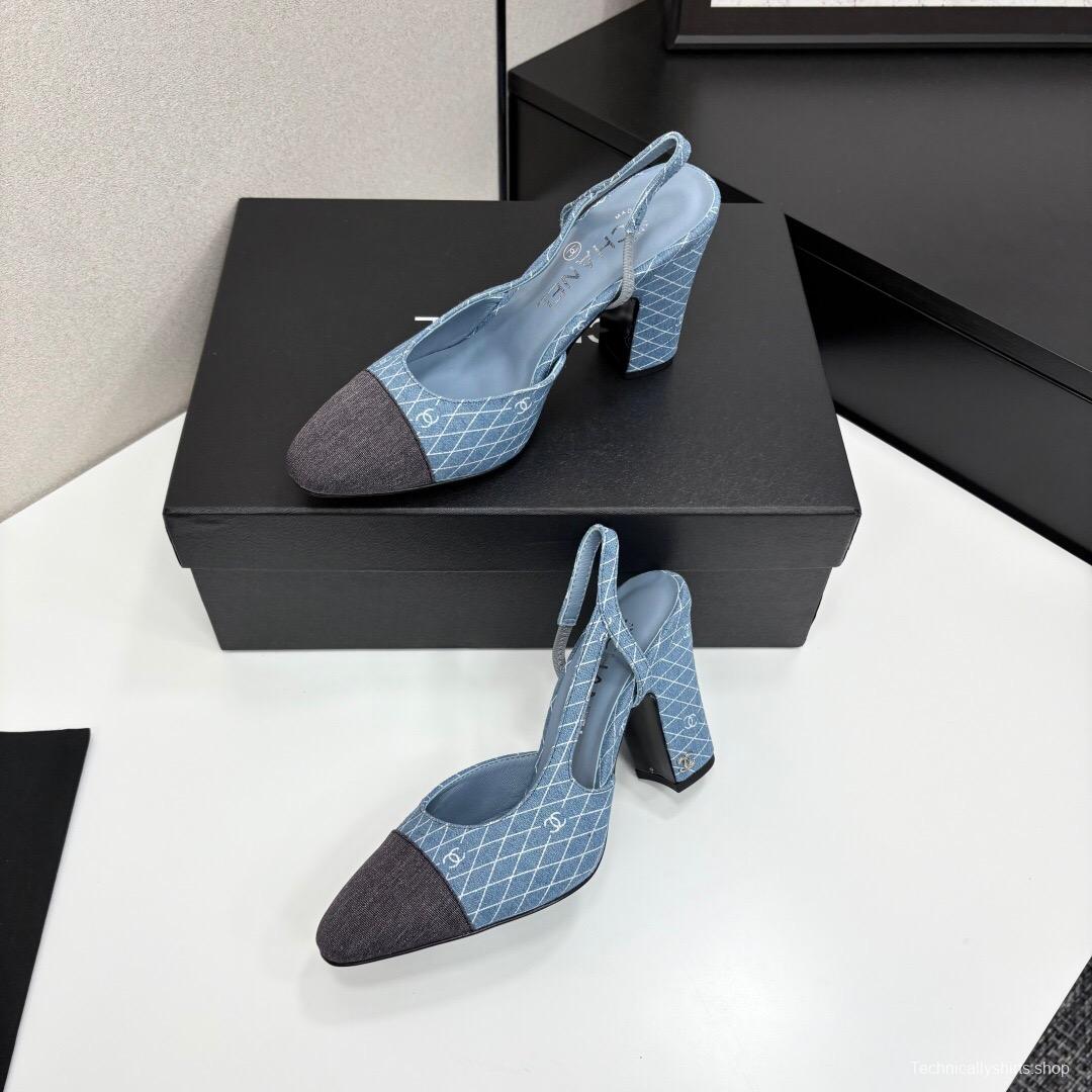 2025 Women Chanel Blue Black Denim Leather Slingback LY00270