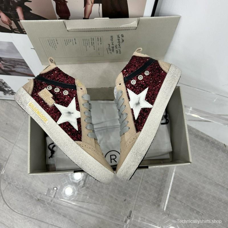 2024 Unisex GGDB Burgundy Beige Glitter Leather High Top Sneakers MJ00300
