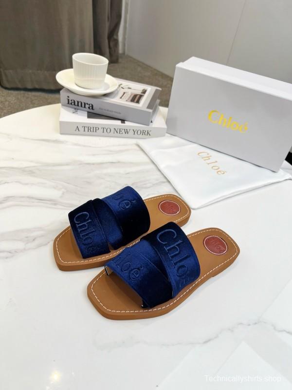 2025 Women Chloe Navy Velvet Slippers LY00200