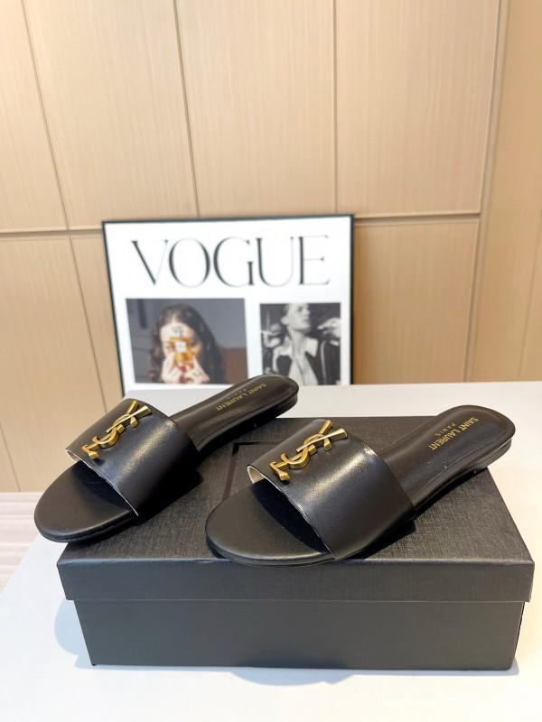 2025 Women Yves Saint Laurent Black Leather Slippers LY00180