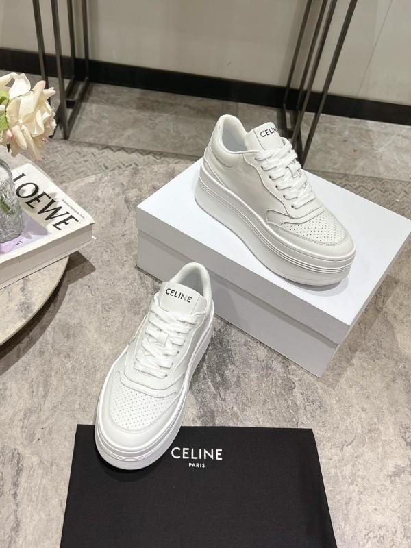 2025 Women Celine White Leather Platform Sneakers