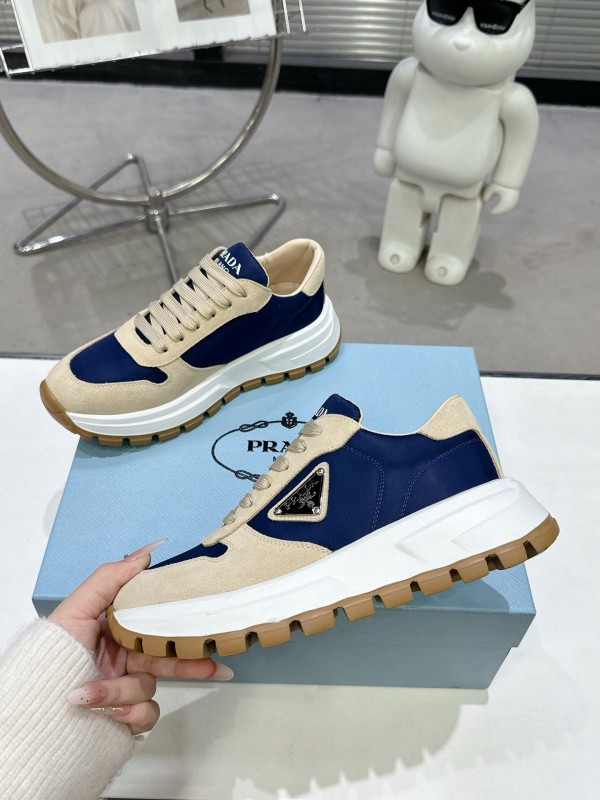 2025 Unisex Prada Blue Beige Suede Leather Sneakers KFY00310