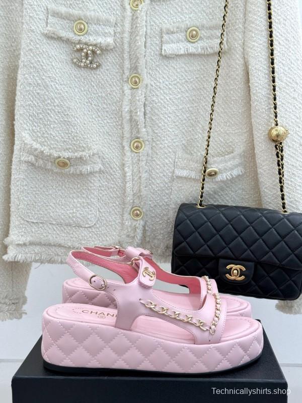 2025 Women Chanel Pink Lambskin Platform Sandals Chain Decoration