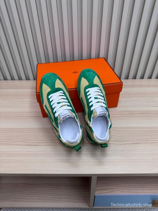 2025 Unisex Hermès Green Beige Suede Down Fabric Sneakers Top Version LY00310