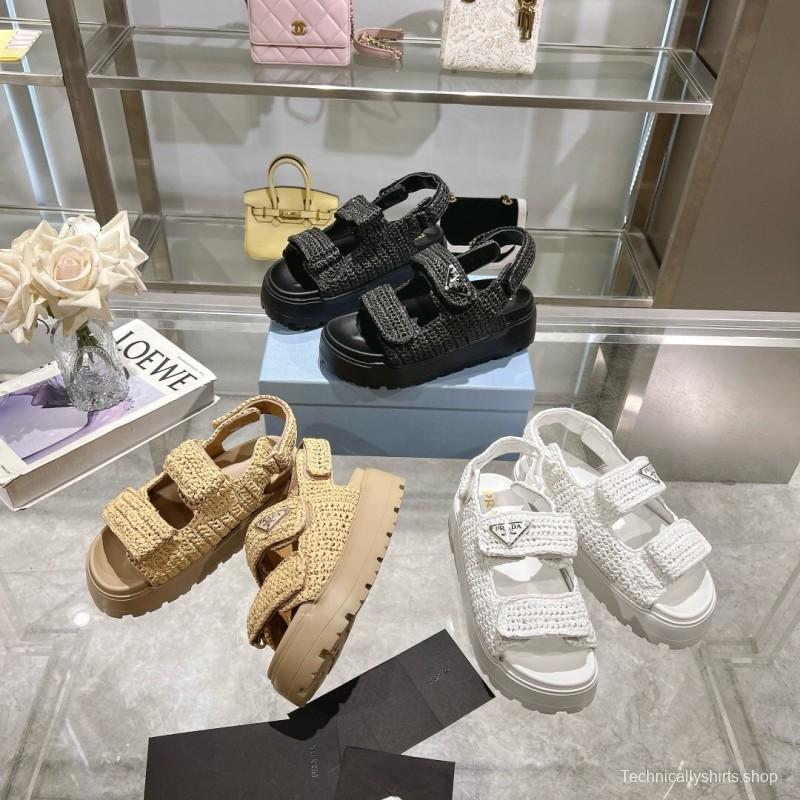2025 Women Prada Black Woven Leather Sandals LY