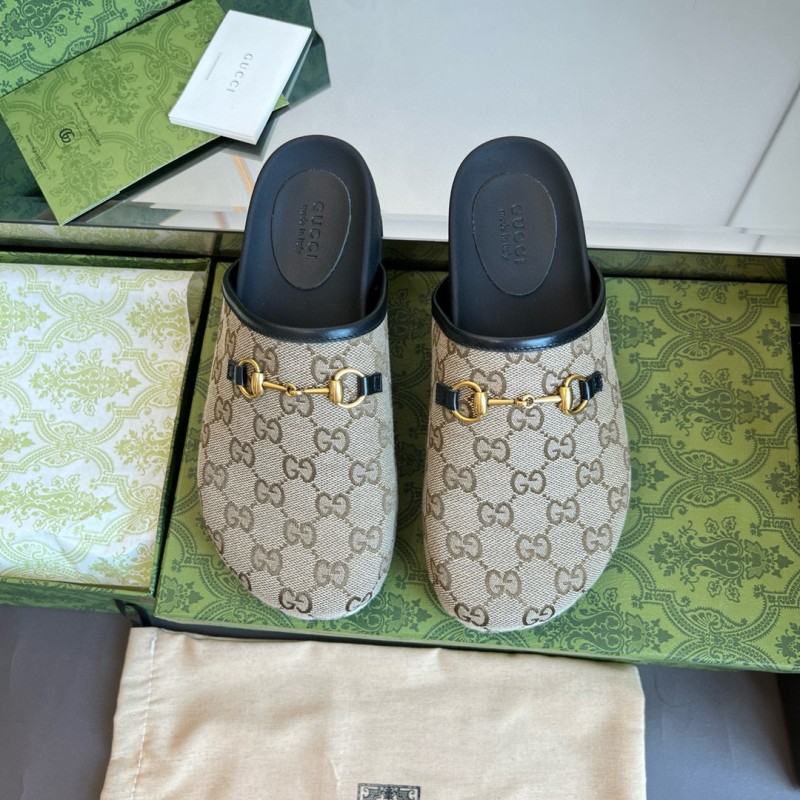 2024 Slippers Gucci Beige Brown Leather GG Pattern MJ00280