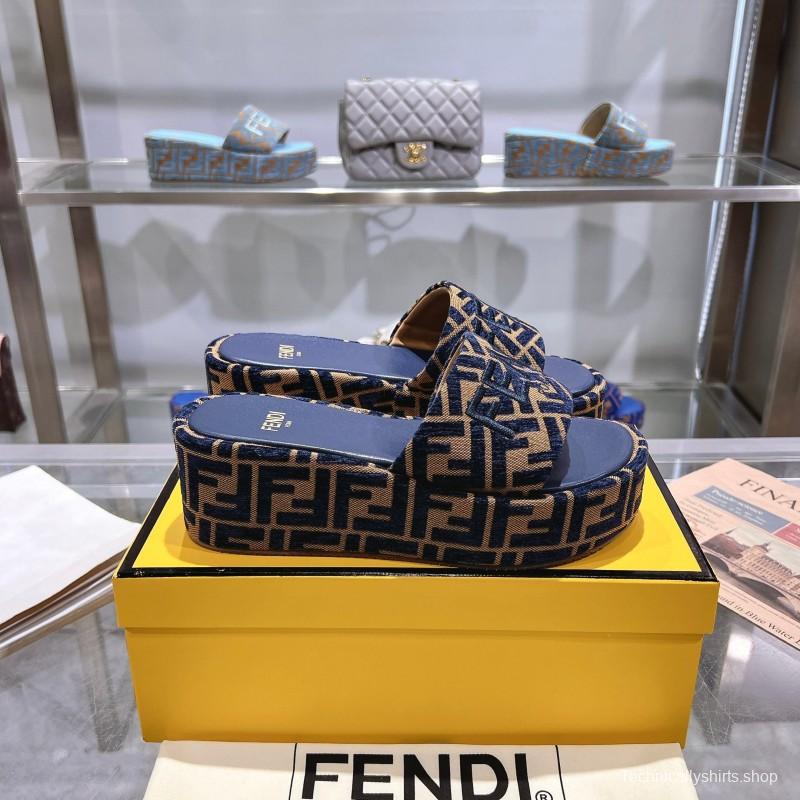 2025 Slippers Fendi Blue Brown Canvas Platform FF Jacquard KFY00240