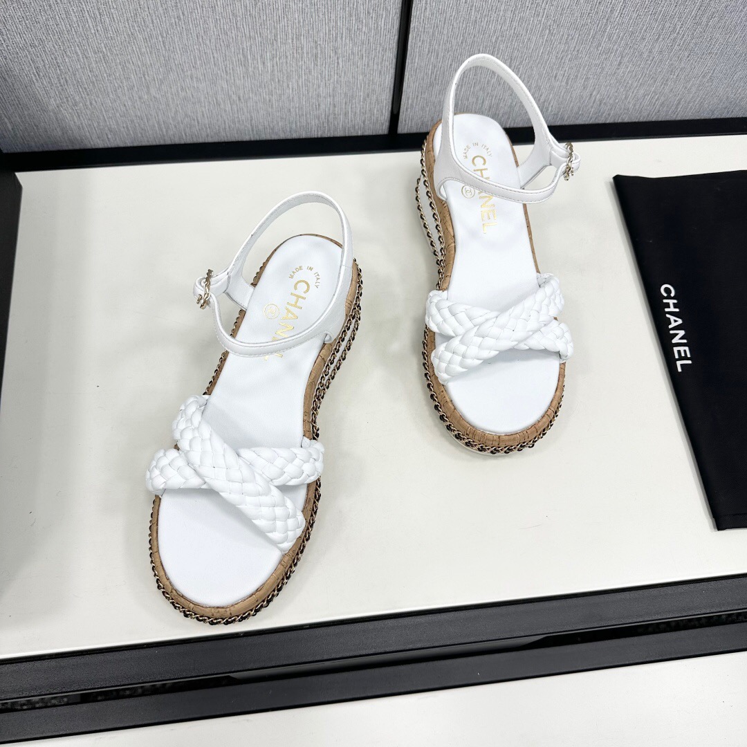 2025 Women Chanel White Leather Wedge Sandals