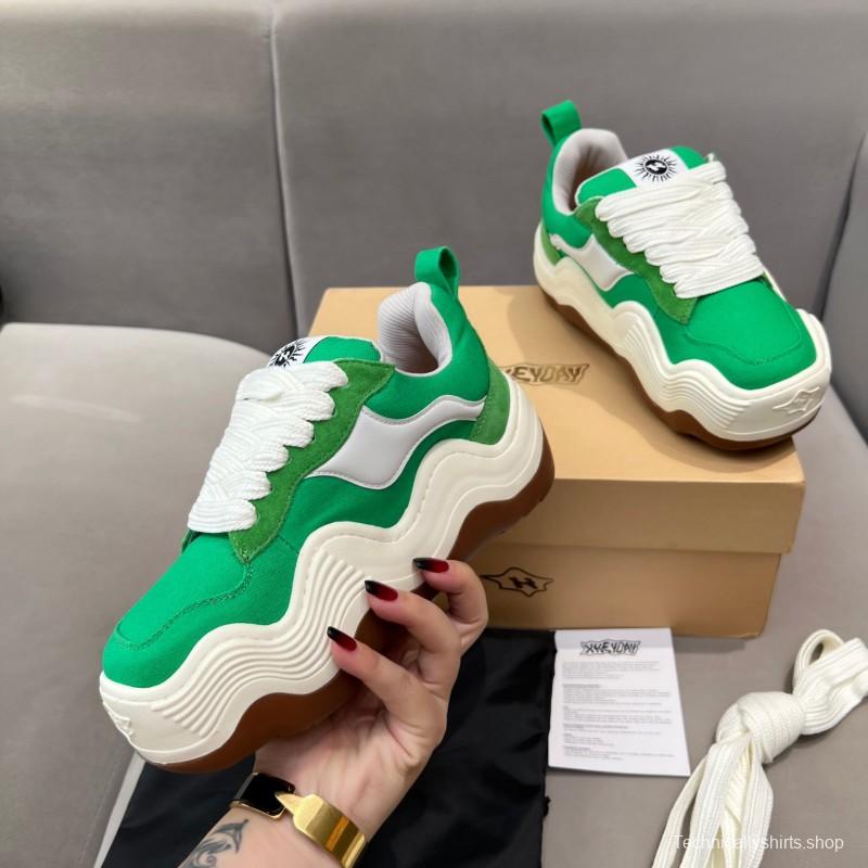 2025 Unisex HEYDAY Green White Canvas Leather Wave Sneakers KFY00260