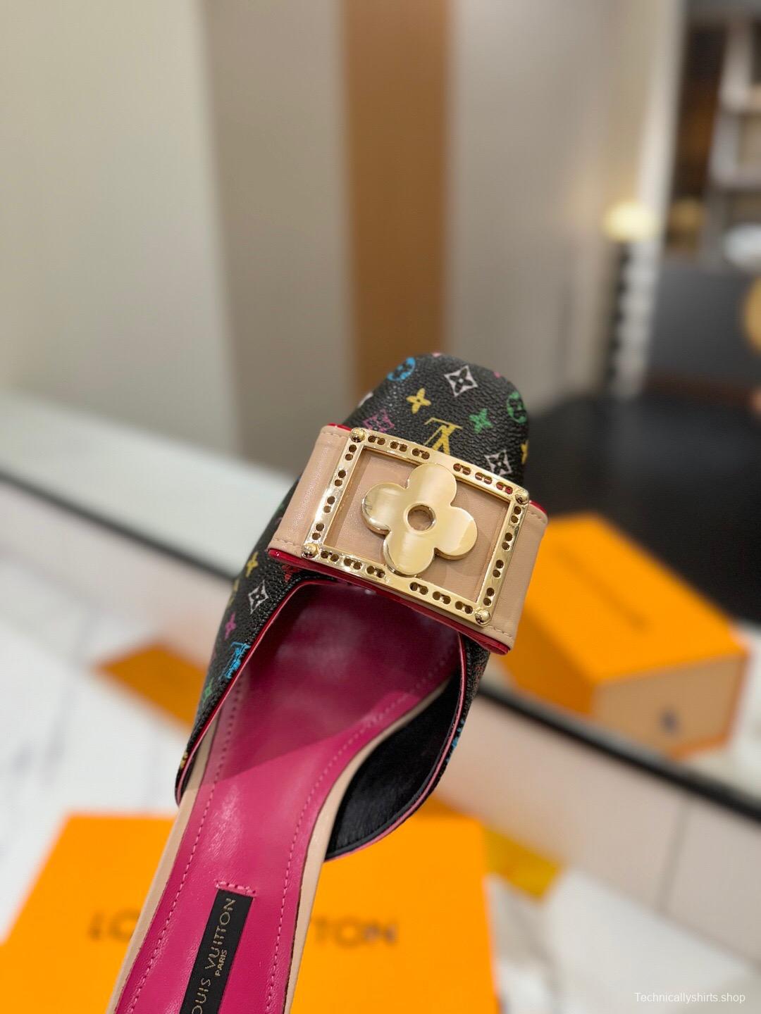 2025 Women Louis Vuitton Black Multicolor Leather Mules KFY00320