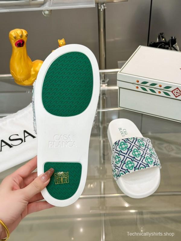 2025 Men CASA BLANCA White Green Blue Embroidered Leather Slippers KFY00160