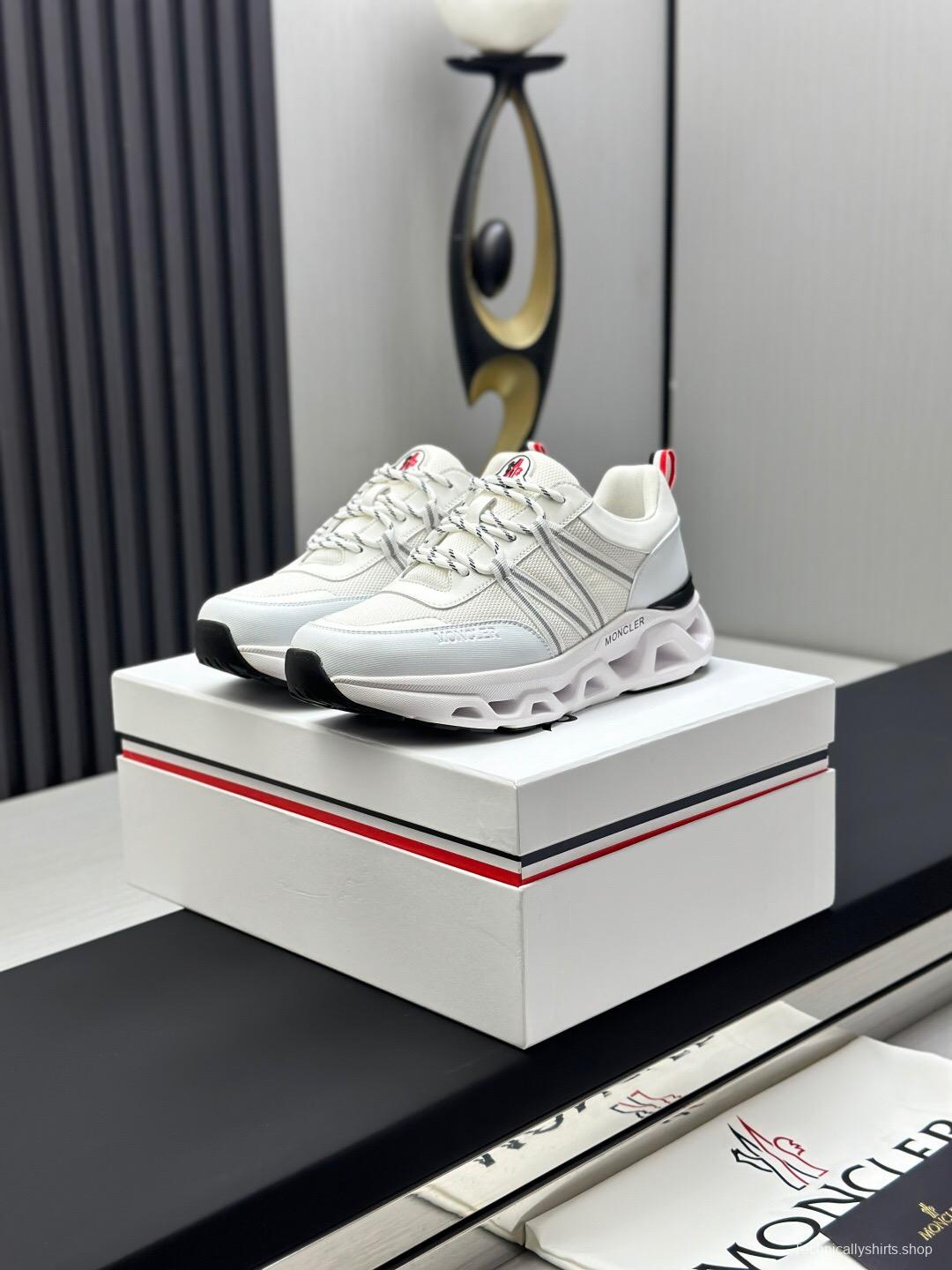 2025 Unisex Moncler White Black Synthetic Leather Outdoor Sneakers KFY00390