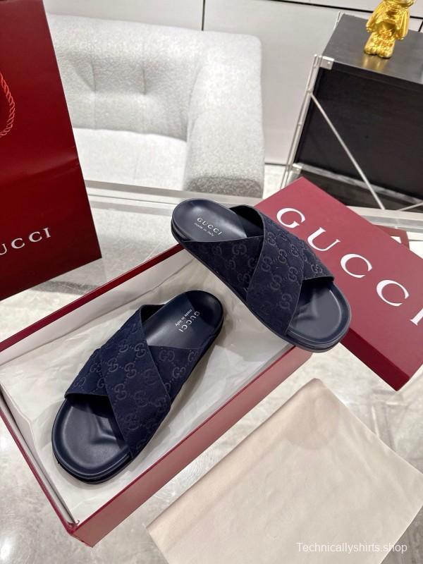 2025 Unisex Gucci Navy Fabric Slippers Double G Embossed AS00240